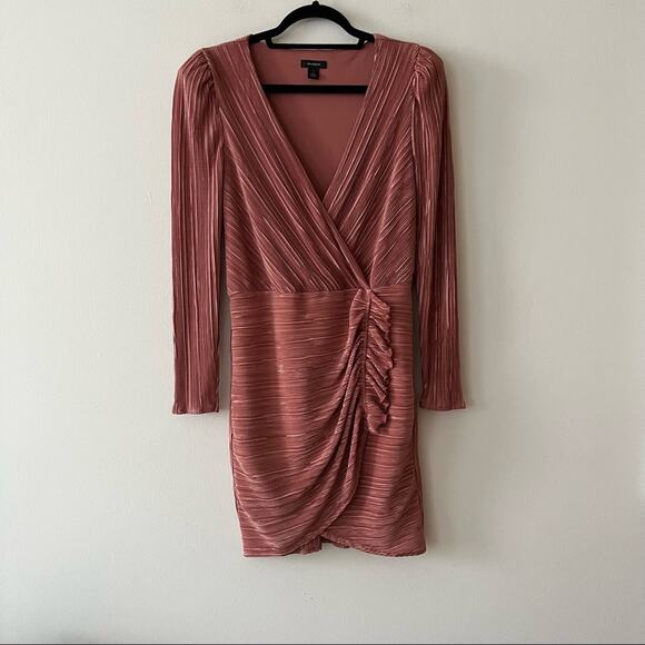 Halogen Pink Plisse Long Sleeve Faux Wrap Dress - Picture 2 of 9